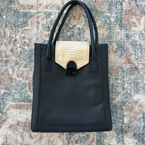 Loeffler Randall Jr Work Tote Embossed Python Nude Black Leather Handbag - Picture 2 of 11